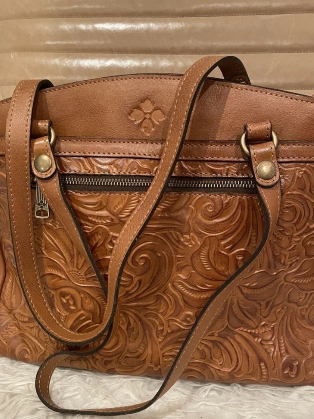 Patricia Nash Embossed Leather Shoulder Bag in Cognac Brown
